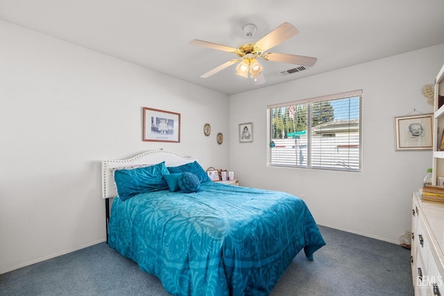 bedroom featuring a ceiling fan, light carpet, visible vents, and baseboards