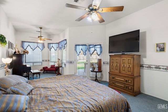 carpeted bedroom featuring ceiling fan, access to outside, and visible vents