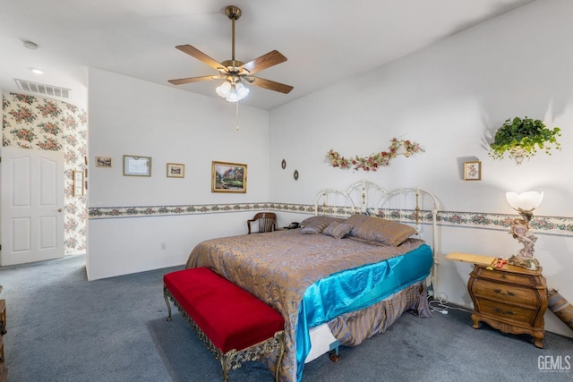 bedroom featuring carpet, visible vents, and ceiling fan