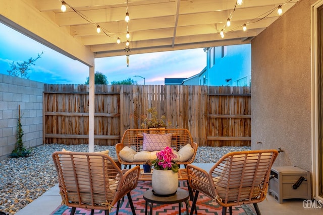 6713 Diamond Springs Dr, Bakersfield, CA 93313 - patio terrace at dusk with a fenced backyard