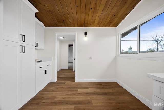 hallway featuring dark hardwood / wood-style flooring and wooden ceiling