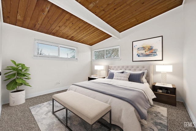 bedroom featuring lofted ceiling with beams, carpet, and wood ceiling