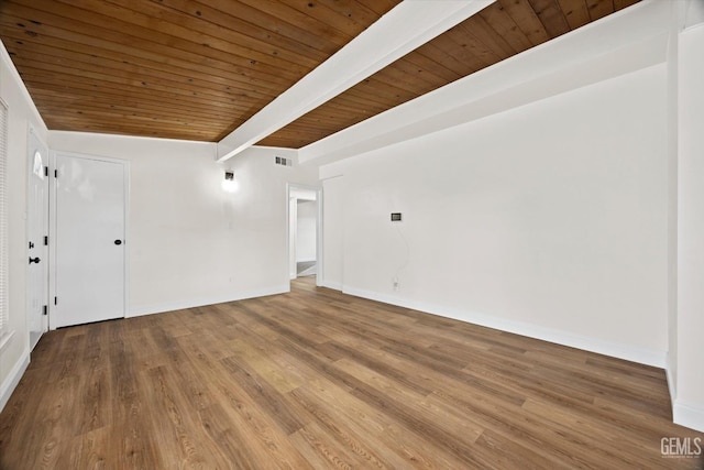 unfurnished room with beamed ceiling, hardwood / wood-style floors, and wooden ceiling