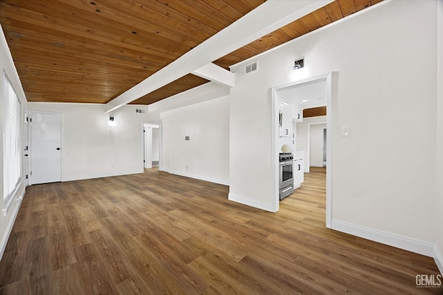 unfurnished living room with beamed ceiling, wood ceiling, and light hardwood / wood-style flooring