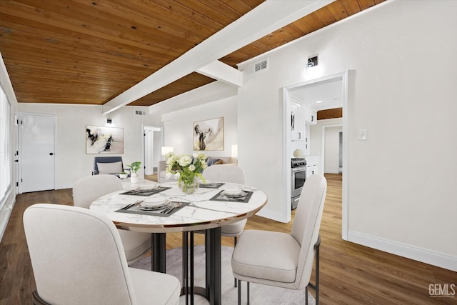 dining space featuring wood ceiling, dark wood-type flooring, and beamed ceiling