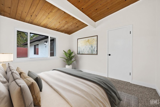 carpeted bedroom with wood ceiling and lofted ceiling with beams