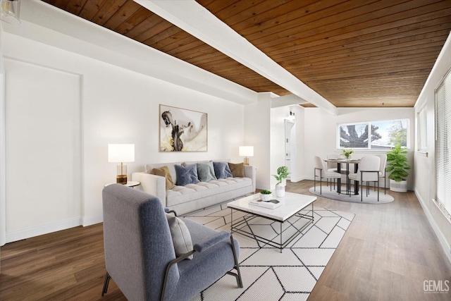 living room with beamed ceiling, hardwood / wood-style floors, and wooden ceiling