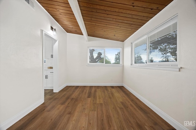 empty room featuring vaulted ceiling with beams, dark wood-type flooring, and wooden ceiling