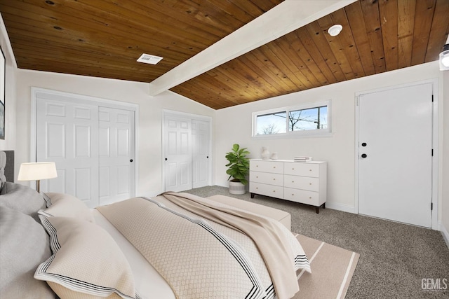 bedroom featuring vaulted ceiling with beams, wooden ceiling, and carpet flooring