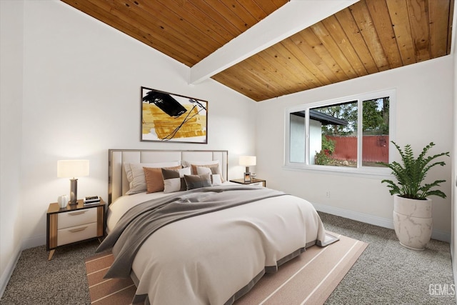 carpeted bedroom with wood ceiling and lofted ceiling with beams