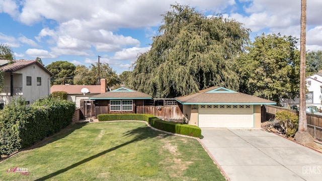 ranch-style house with a garage and a front lawn