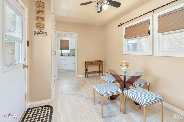 dining room featuring light hardwood / wood-style floors and ceiling fan