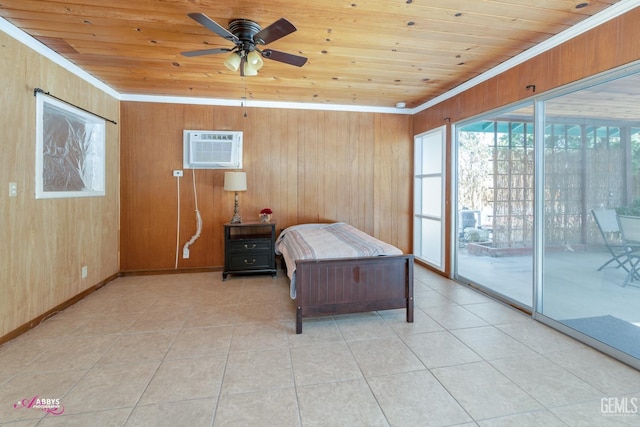 bedroom with a wall mounted air conditioner, ornamental molding, access to outside, and wooden walls