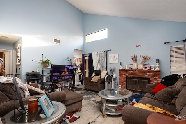 44827 Rock Island Dr, Lancaster, CA 93535 - living room featuring high vaulted ceiling and a brick fireplace