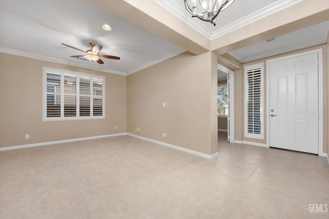 foyer entrance with light tile patterned floors, ceiling fan with notable chandelier, baseboards, and ornamental molding