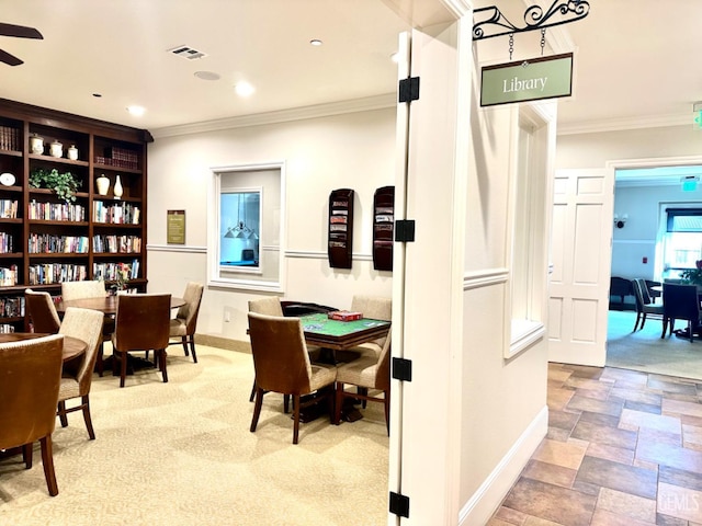 office space featuring visible vents, recessed lighting, crown molding, baseboards, and ceiling fan