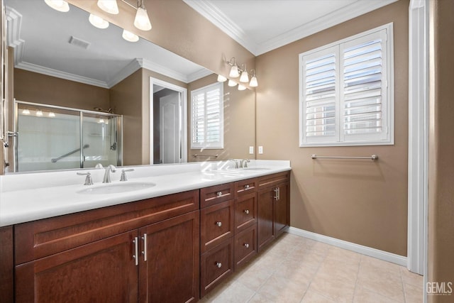 full bath with a sink, visible vents, a stall shower, and crown molding