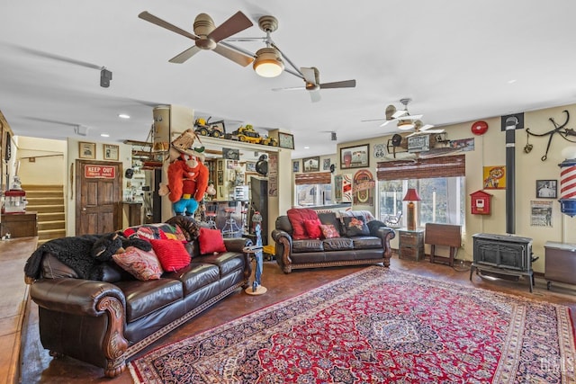 living room with a wood stove