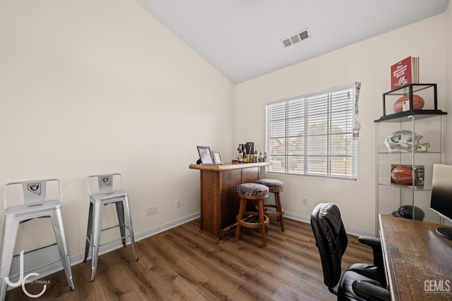 13421 Cheyenne Mountain Dr, Bakersfield, CA 93314 - office featuring wood finished floors, vaulted ceiling, and baseboards