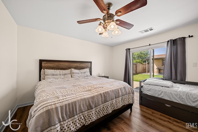 13421 Cheyenne Mountain Dr, Bakersfield, CA 93314 - bedroom with access to exterior, wood finished floors, a ceiling fan, and baseboards