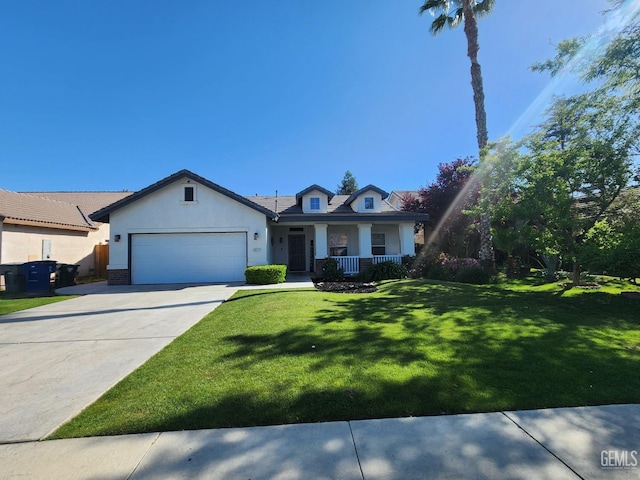 3011 Amber Canyon Pl, Bakersfield, CA 93313 - view of front of house with a garage, a porch, driveway, a front lawn, and stucco siding