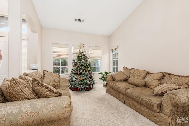 living room with carpet and lofted ceiling