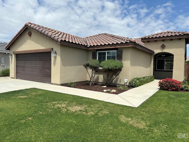 9400 Carriage Creek Ct, Bakersfield, CA 93311 - mediterranean / spanish house featuring an attached garage, stucco siding, a front yard, concrete driveway, and a tiled roof