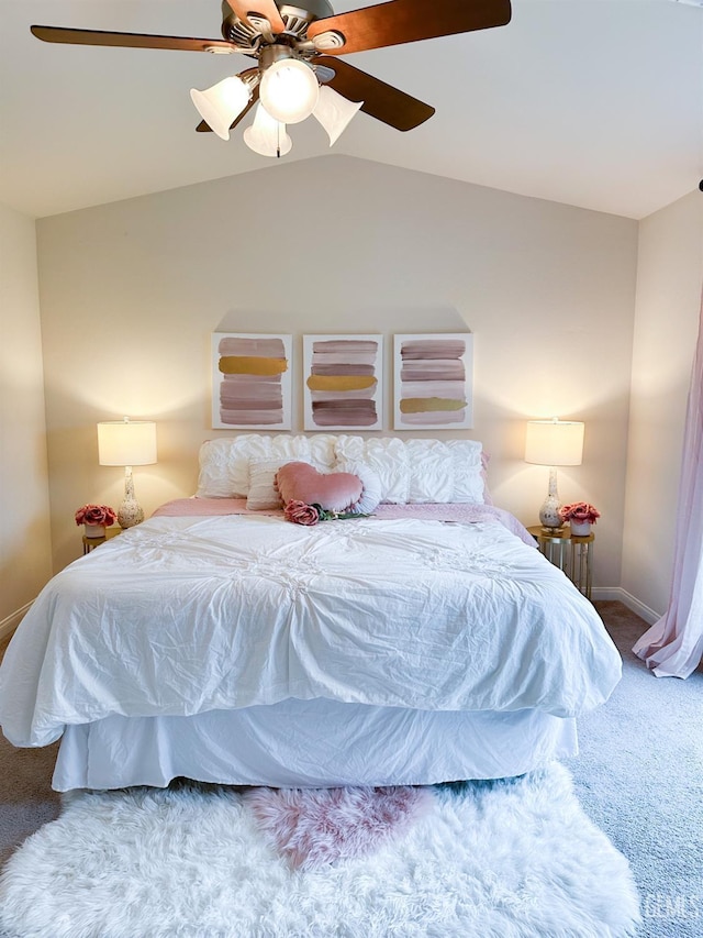 9400 Carriage Creek Ct, Bakersfield, CA 93311 - carpeted bedroom featuring lofted ceiling, a ceiling fan, and baseboards