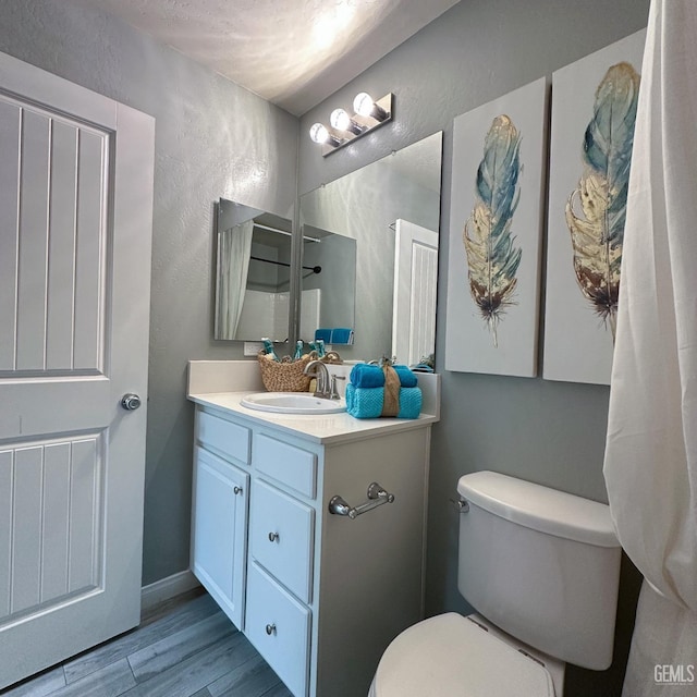9400 Carriage Creek Ct, Bakersfield, CA 93311 - bathroom with wood finished floors, toilet, vanity, and a textured wall
