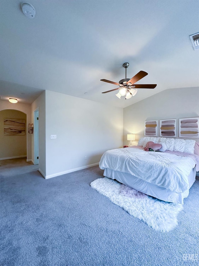 9400 Carriage Creek Ct, Bakersfield, CA 93311 - bedroom featuring carpet flooring, vaulted ceiling, baseboards, and ceiling fan