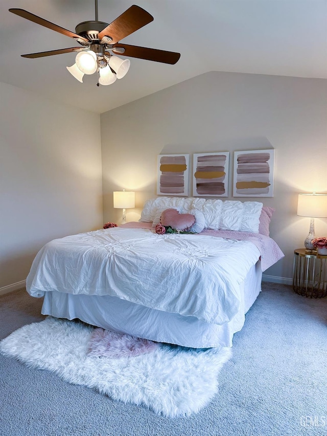 9400 Carriage Creek Ct, Bakersfield, CA 93311 - bedroom featuring carpet floors, vaulted ceiling, baseboards, and a ceiling fan