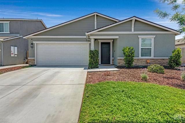 6003 Vespucci Ave, Bakersfield, CA 93313 - ranch-style house featuring stone siding, stucco siding, a garage, and concrete driveway
