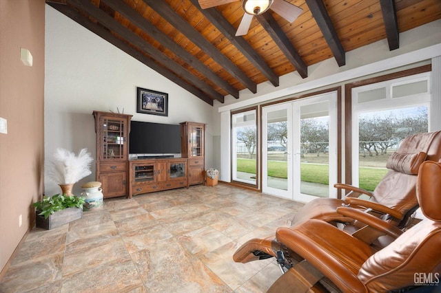 living room with ceiling fan, high vaulted ceiling, wood ceiling, french doors, and beamed ceiling