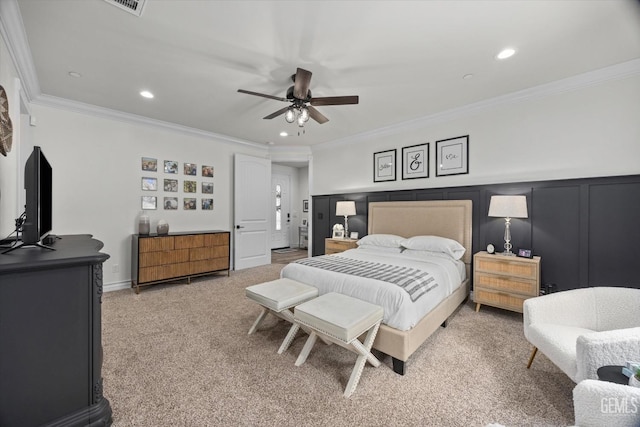 bedroom featuring recessed lighting, light carpet, crown molding, and ceiling fan