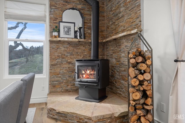 interior details featuring a wood stove and wood finished floors