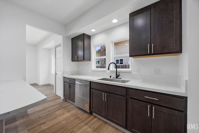 329 F St, Bakersfield, CA 93304 - kitchen featuring a sink, dishwasher, light wood-style floors, dark brown cabinets, and recessed lighting