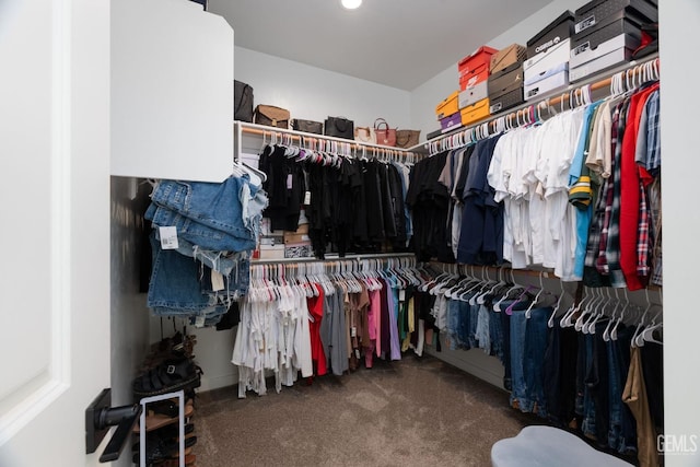 walk in closet featuring dark carpet