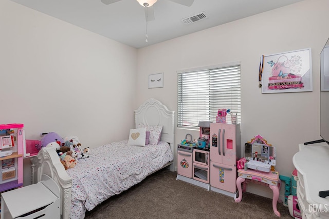 carpeted bedroom featuring ceiling fan