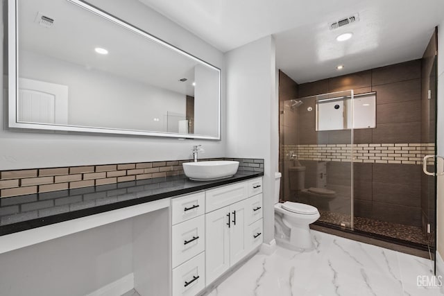 full bath with toilet, marble finish floors, a shower stall, vanity, and recessed lighting