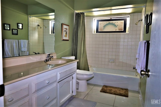 full bathroom featuring toilet, vanity, shower / bathtub combination with curtain, and tile patterned flooring