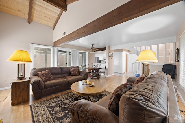 living area with light wood finished floors, baseboards, visible vents, ceiling fan, and beamed ceiling