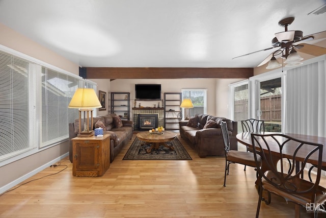 living area with ceiling fan, light wood-type flooring, visible vents, and baseboards