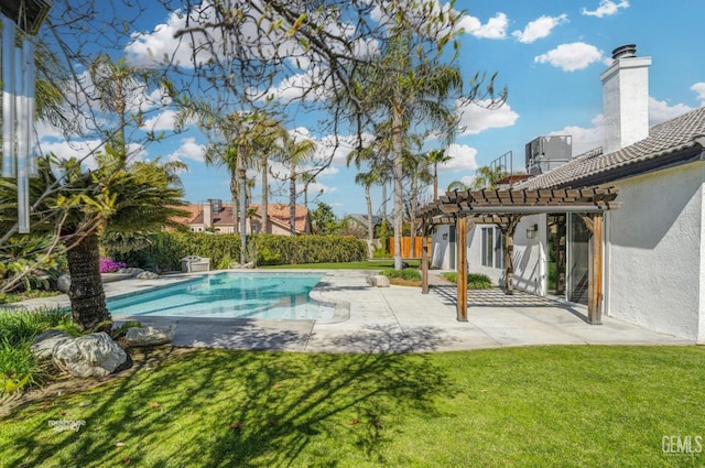 view of swimming pool with a patio, a fenced in pool, fence, a pergola, and a lawn