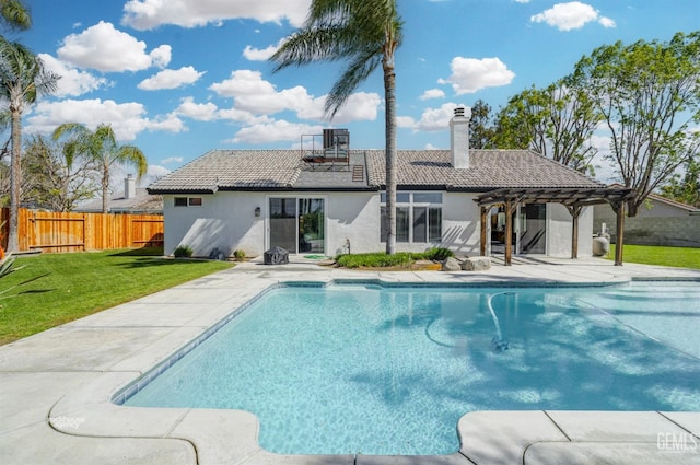 view of pool with a patio area, a fenced in pool, a pergola, and a yard