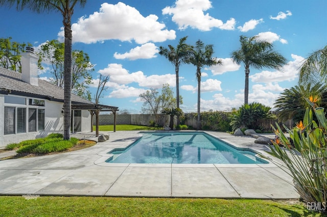 view of swimming pool featuring a fenced in pool, a patio, and a fenced backyard