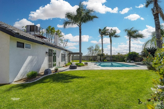 view of yard with central air condition unit, a pergola, a fenced backyard, a fenced in pool, and a patio area