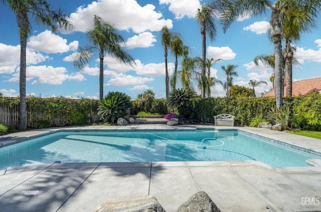 view of pool with a patio area, a fenced in pool, and fence