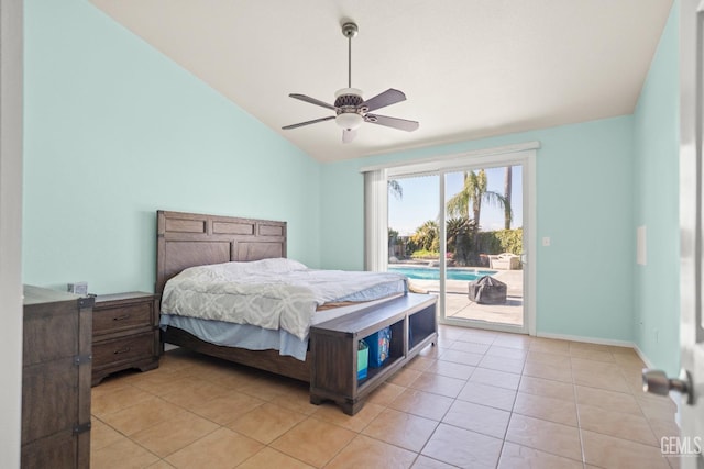 bedroom featuring baseboards, vaulted ceiling, light tile patterned floors, a ceiling fan, and access to outside