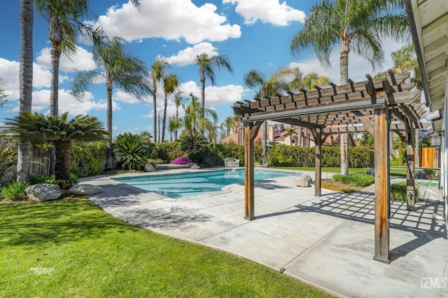 view of pool with a patio, a yard, a fenced in pool, and a pergola