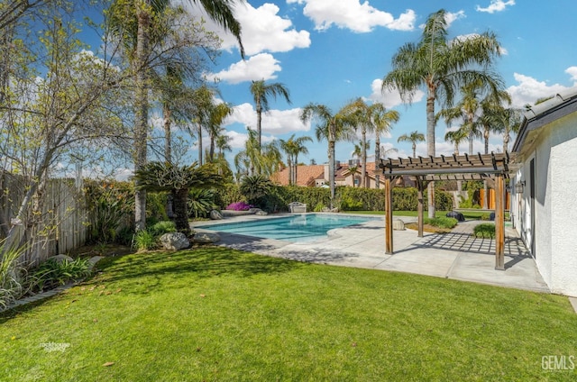 view of swimming pool with a pergola, a patio, a fenced backyard, a yard, and a fenced in pool